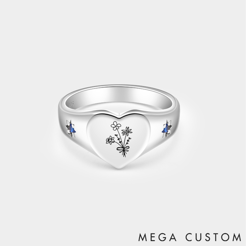 Personalized Sterling Silver Heart Ring – Custom Birthstone and Birth Flower Jewelry 925 Sterling Silver Gifts for Her