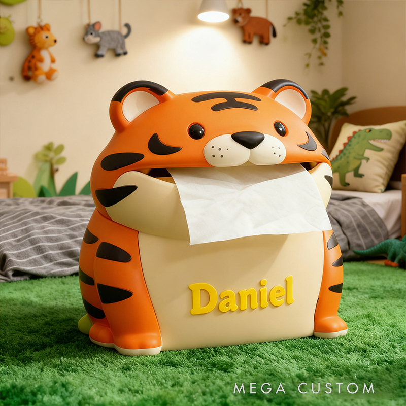 Personalized 3D Printed Tiger Tissue Box Cover - Custom Name Animal-Themed Home Decor