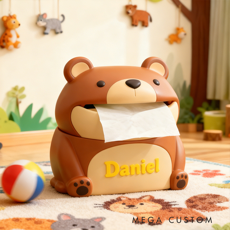 Personalized 3D Printed Bear Tissue Box Cover - Custom Name Kids' Room Organizer