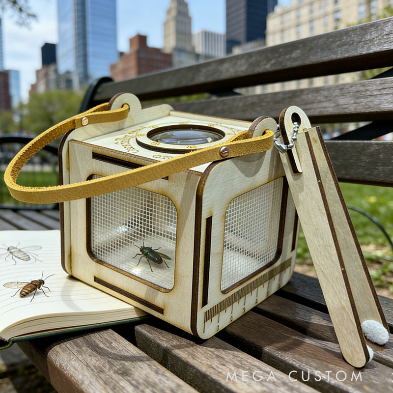 Personalized Bug Observation Box Baltic Birch Plywood Leather Handle Mesh Sides