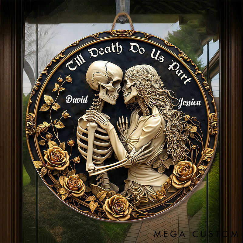 Personalized Till Death Do Us Part Love Forever Skulls And Roses Design Wood Sign Gift For Couples and Romantic Partners