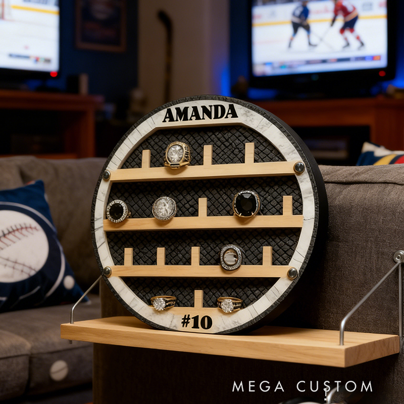 Hockey Puck-Shaped Wooden Ring Display Rack - Custom Engraved Championship Ring Holder