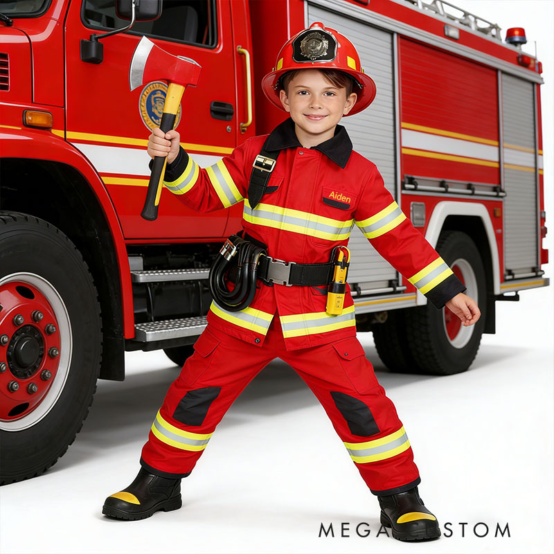 Personalized Kids Firefighter with Hat Holiday Play Costume Kids Firefighter Hat Embroidered Firefighter Clothing Set