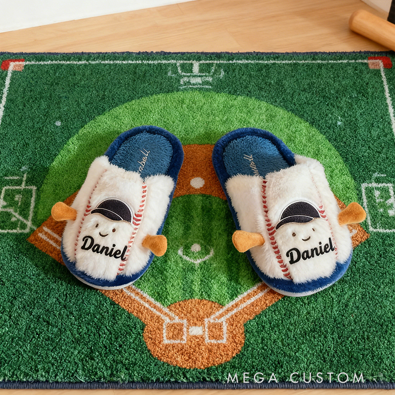 Personalized Custom Name Baseball Plush Slippers - Personalized Kids' Indoor Shoes with Smile Face Design