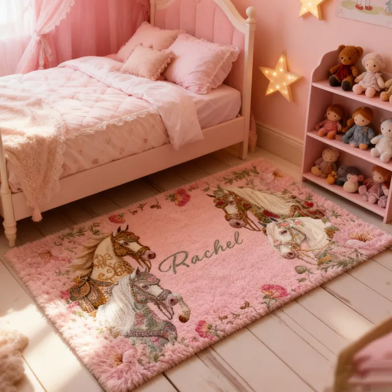 Personalized Rugs Riding Colorful Floral Doormat Floral Horse Custom Name Festive Flower Decor with French Countryside Gifts Doormat for Family for Riding Lovers Equestrian Lovers