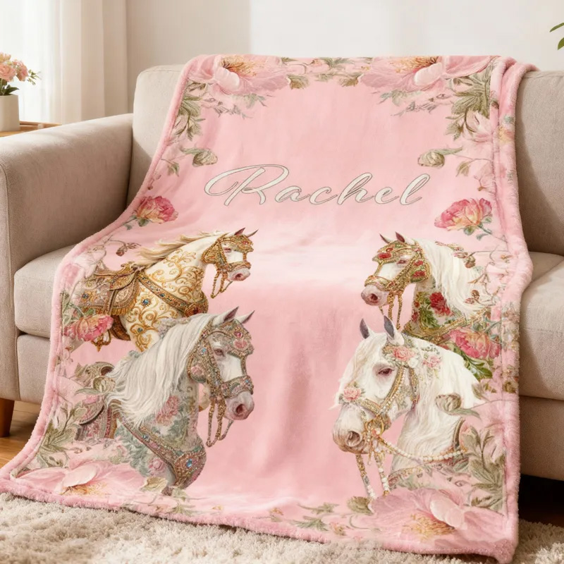 Personalized Riding Floral Blanket Floral Horse Custom Name Festive Flower Decor with French Countryside Gifts Family Blanket for Riding Lovers Equestrian Lovers