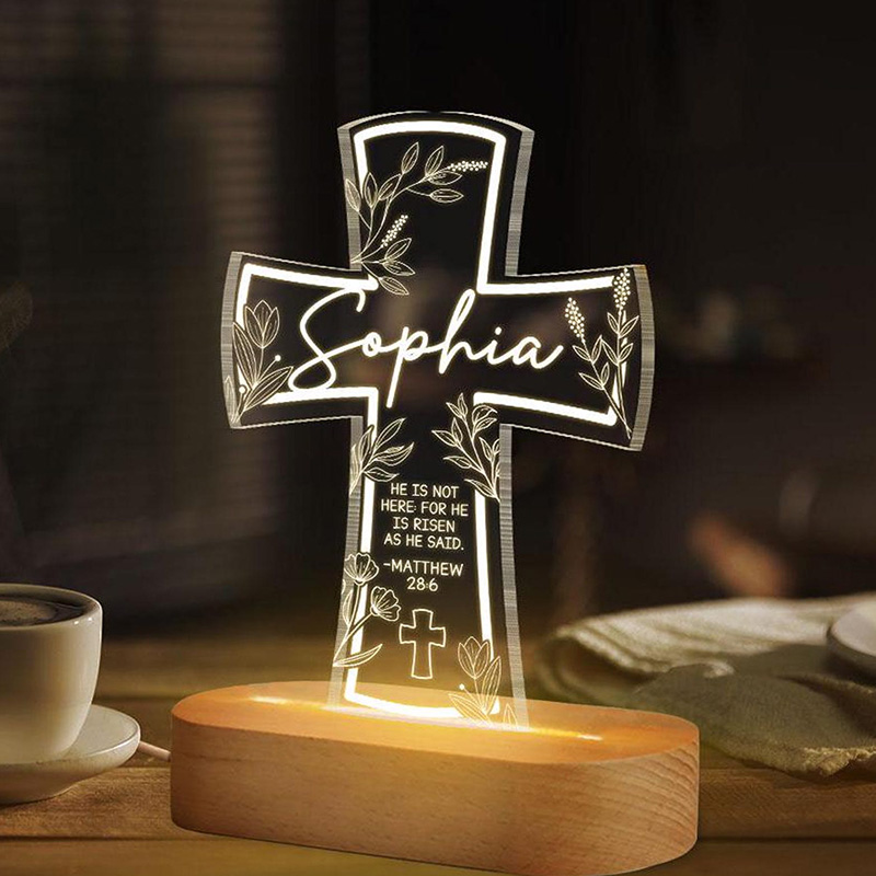 Personalized He is Risen Cross Wooden Base Acrylic LED Night Light with Custom Name Bibel Verse Night Light Religious Gift Easter Gift
