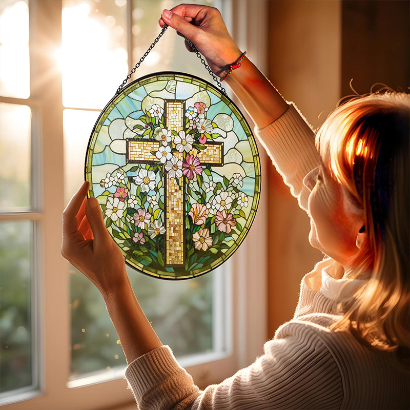 Personalized Cross Wildflowers Stained Glass Suncatcher Ornament with Name Window Hanging Decor Christian Home Decor Religious Gift for her