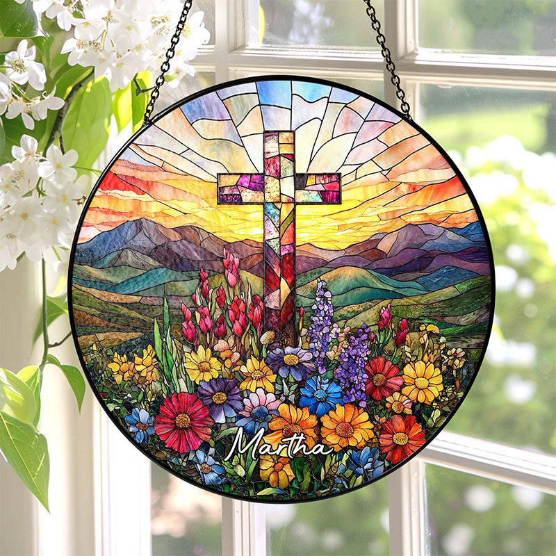 Personalized Cross and Wildflowers Stained Glass Suncatcher Ornament with Name Window Balcony Hanging Decor Christmas Home Decor Religious Gift