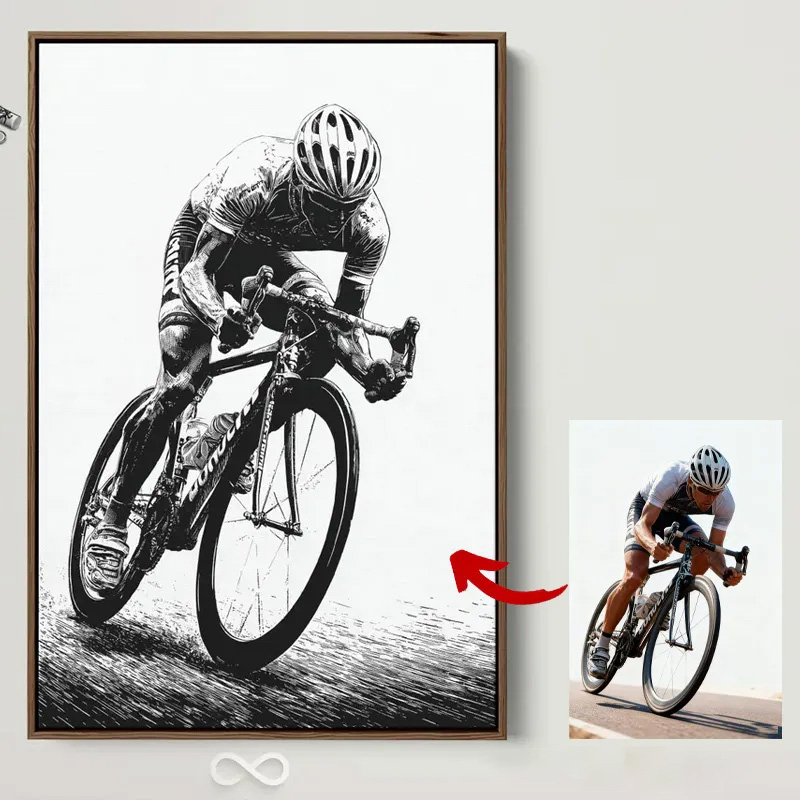 Personalized Bicycle Photo Portrait Bike Art Print Cycling Wall Decor Black and White Sports Artwork for Home Gym Athletic Gift for Him