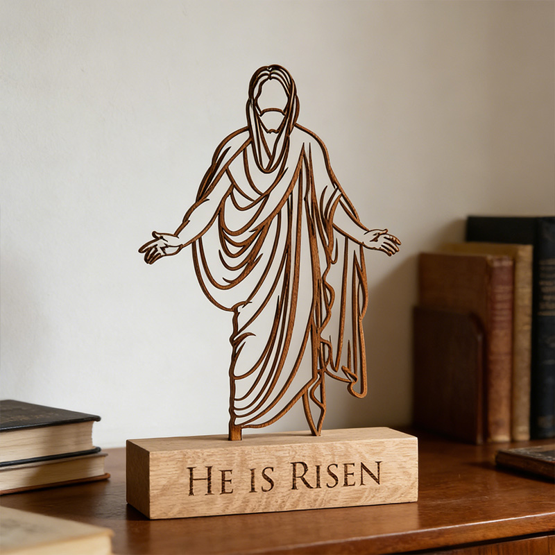 Personalized He is Risen Jesus Art Wooden Plaque with Engraved Text Desktop Decor Religious Gift Easter Gift for Jesus Lover