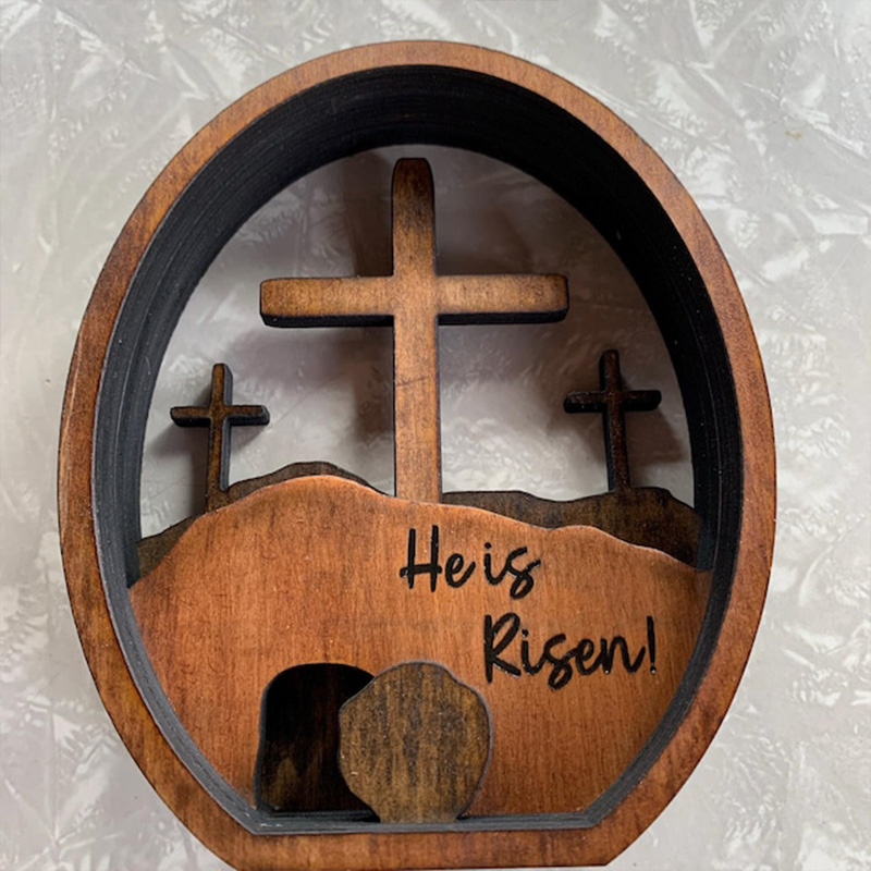 Personalized He is Risen Empty Tomb Scene Wood Egg with Custom Text Easter Decor Resurrection Scene Gift Religious Gift Easter Gift 