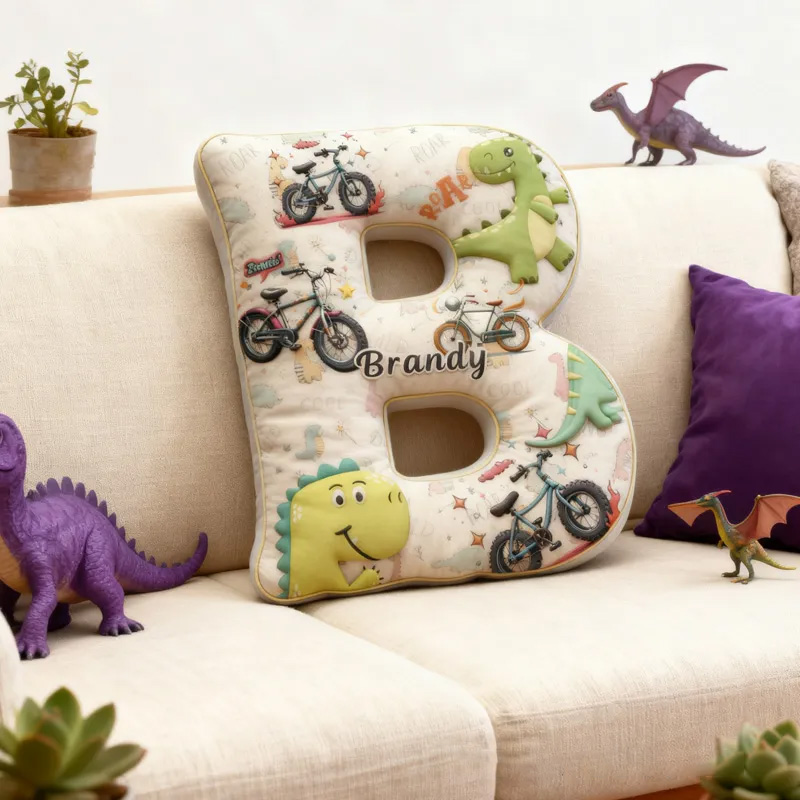 Personalized Dinosaur Bike Letter Pillow Graphic 3D Print Bow Letter Pillow Name Pillow Comfortable Travel Cushion for Kids Riding Lovers