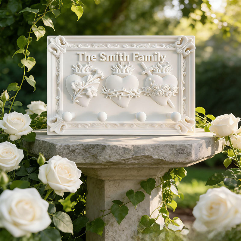 Personalized Sacred Hearts Wall Hanging Rack with Custom Family Name Catholic Home Decor Hanging Rosary Holder Prayer Space Wall Art Religious Gift