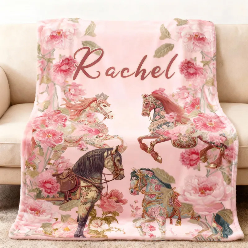 Personalized Riding Floral Blanket Equestrian Horse Custom Name Festive Flower Decor with French Countryside Gifts Family Blanket for Riding Lovers Equestrian Lovers