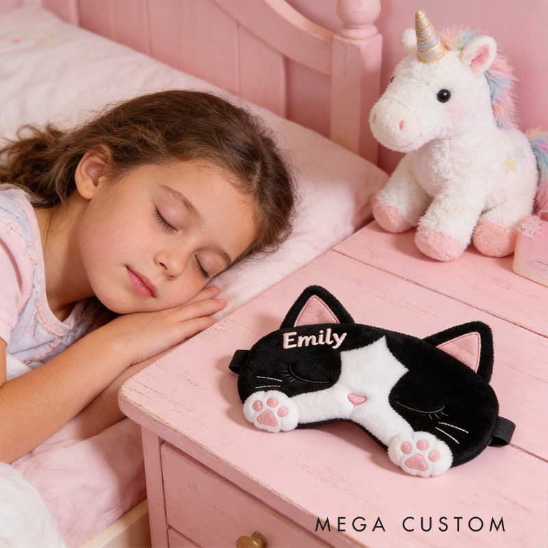 Personalized Whimsical Cat Sleep Eye Mask Custom Eye Cover Comfortable Gift for Children