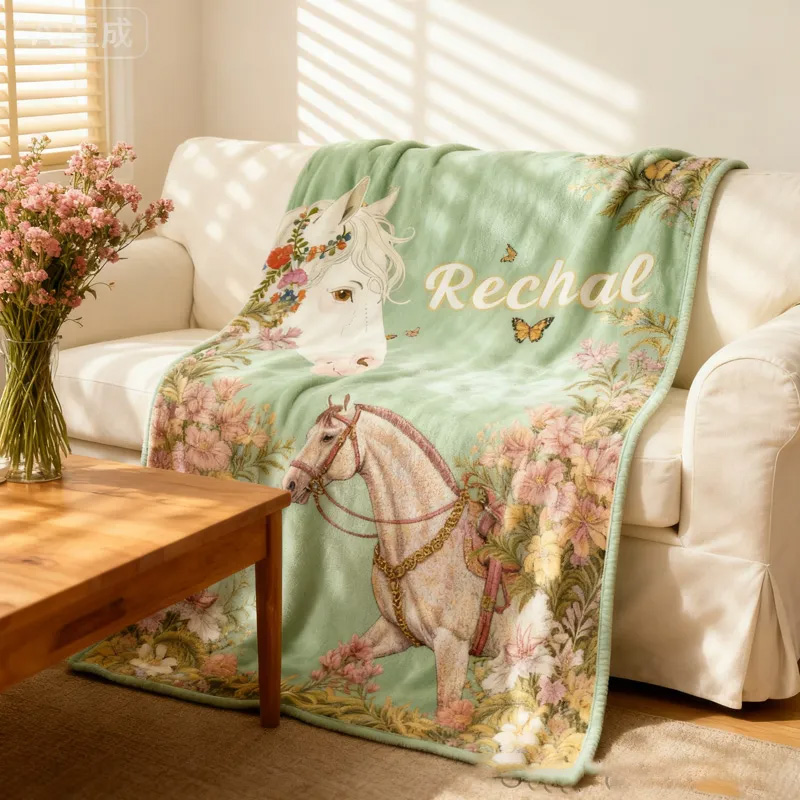 Personalized Riding Floral Blanket Flower Horse Custom Name Festive Flower Decor with French Countryside Gifts Family Blanket for Riding Lovers Equestrian Lovers