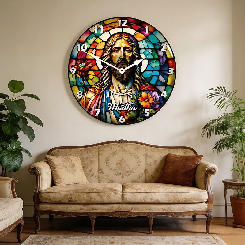 Personalized Jesus Stained Glass Wall Clock with Custom Name Graphic 3D Printed Wall Clock Home Decor Religious Gift for Christians