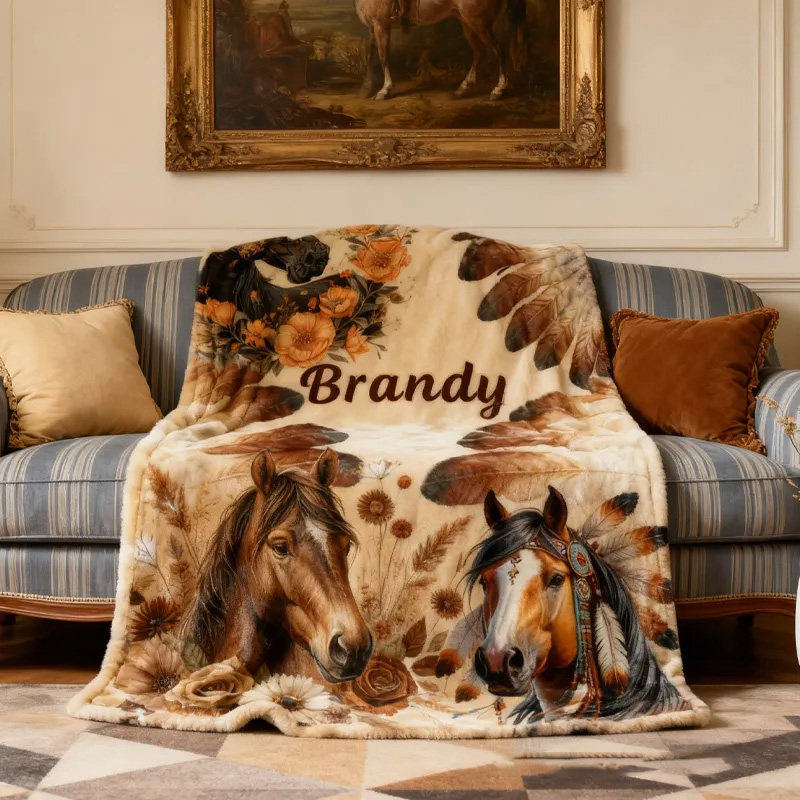 Personalized Riding Floral Blanket Feather Horse Custom Name Festive Flower Decor with French Countryside Gifts Family Blanket for Riding Lovers Equestrian Lovers