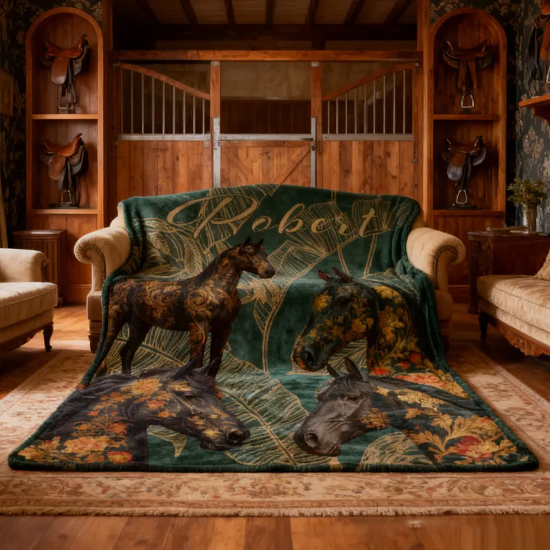 Personalized Riding Golden Leaves Blanket Equestrian Horse Custom Name Festive Flower Decor with French Countryside Gifts Family Blanket for Riding Lovers Equestrian Lovers