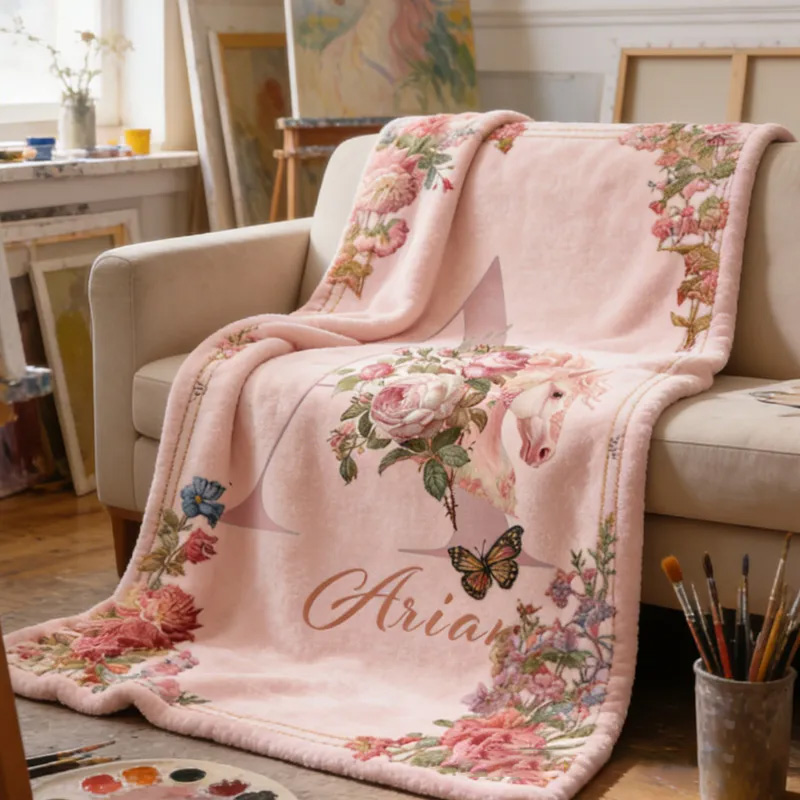 Personalized Initials Letter Riding Floral Blanket Floral Horse Custom Name Festive Flower Decor with French Countryside Gifts Family Blanket for Riding Lovers Equestrian Lovers