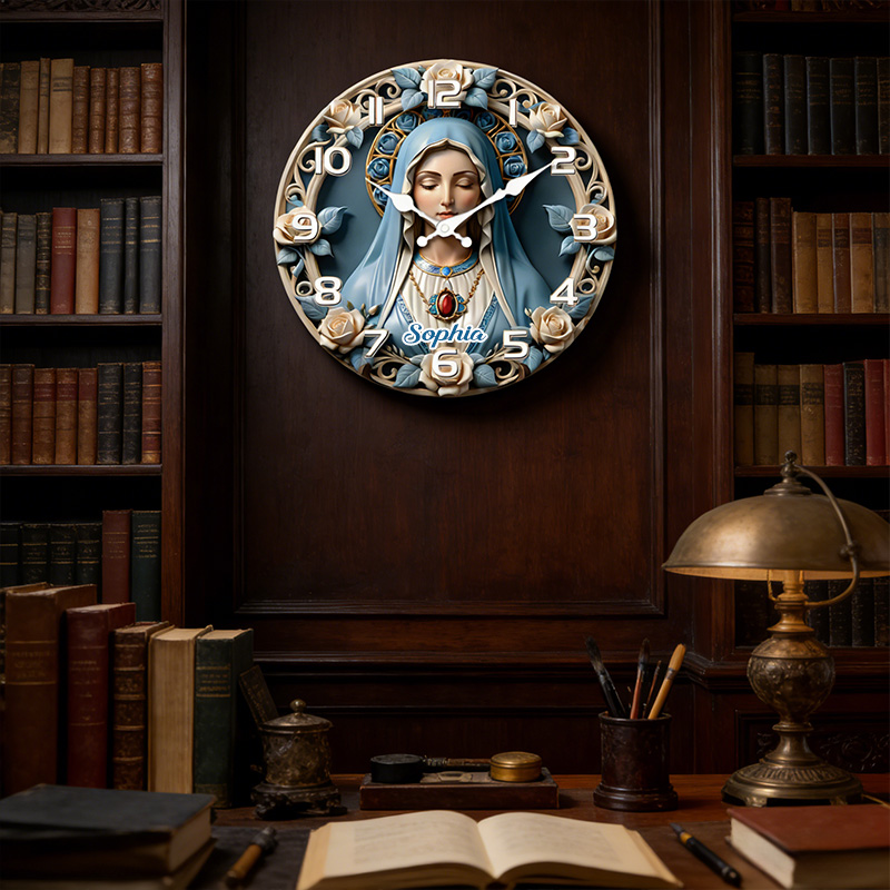 Personalized Mother of God Virgin Mary Wall Clock with Custom Name Graphic 3D Printed Wall Clock Catholic Decor Religious Gift for her