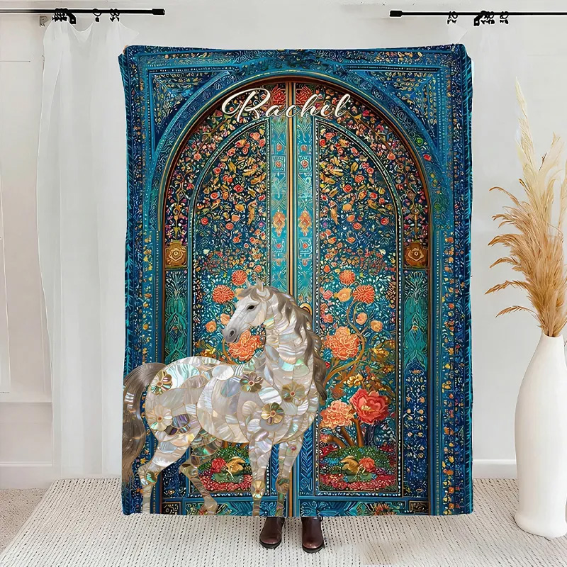 Personalized Riding Floral Blanket Vintage Garden Gate Floral Horse Custom Name Festive Flower Decor with French Countryside Gifts Family Blanket for Riding Lovers Equestrian Lovers