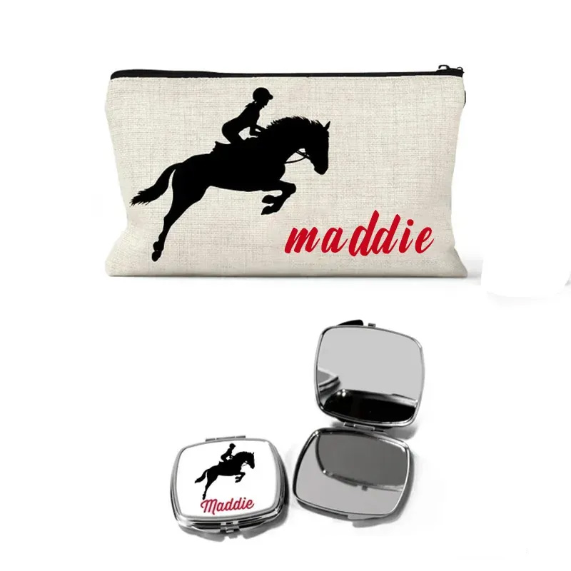Personalized Equestrian Makeup Bag Equestrian Cosmetic Bag Horse Lover Gift Linen Zipper Pouch for Riding Lovers
