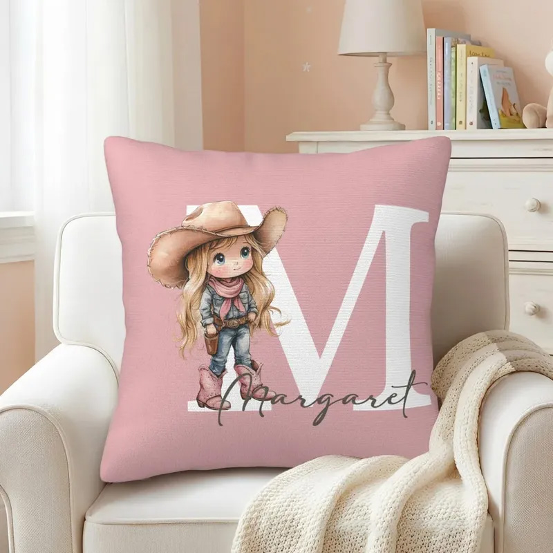 Personalized Initials Letter Throw Pillow Cartoon Cowboy Cowgirl Soft Throw Pillow Cover with Name and Initial Home Decor Birthday Gift for Boys Girls Horse Owner Lover Riding Lovers Equestrian Lovers