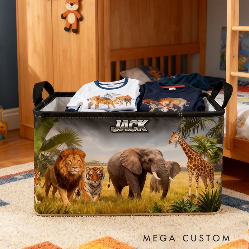 Personalized Custom Name Safari Animal Storage Bin - Kids' Jungle-Themed Toy Organizer