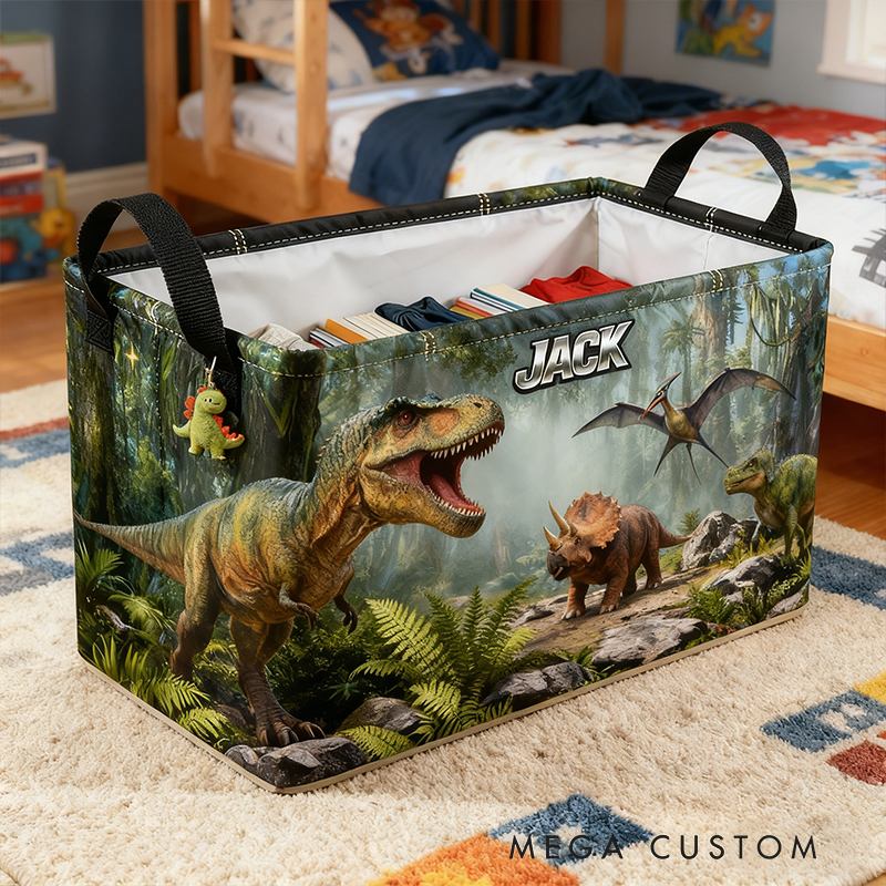 Personalized Custom Name Dinosaur Storage Bin - Kids' Jurassic-Themed Toy Organizer