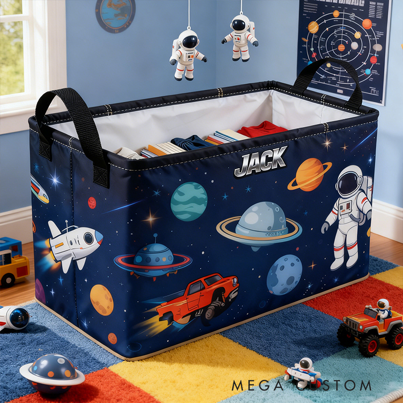 Personalized Custom Name Space-Themed Storage Bin - Kids' Astronaut & Planet Toy Organizer