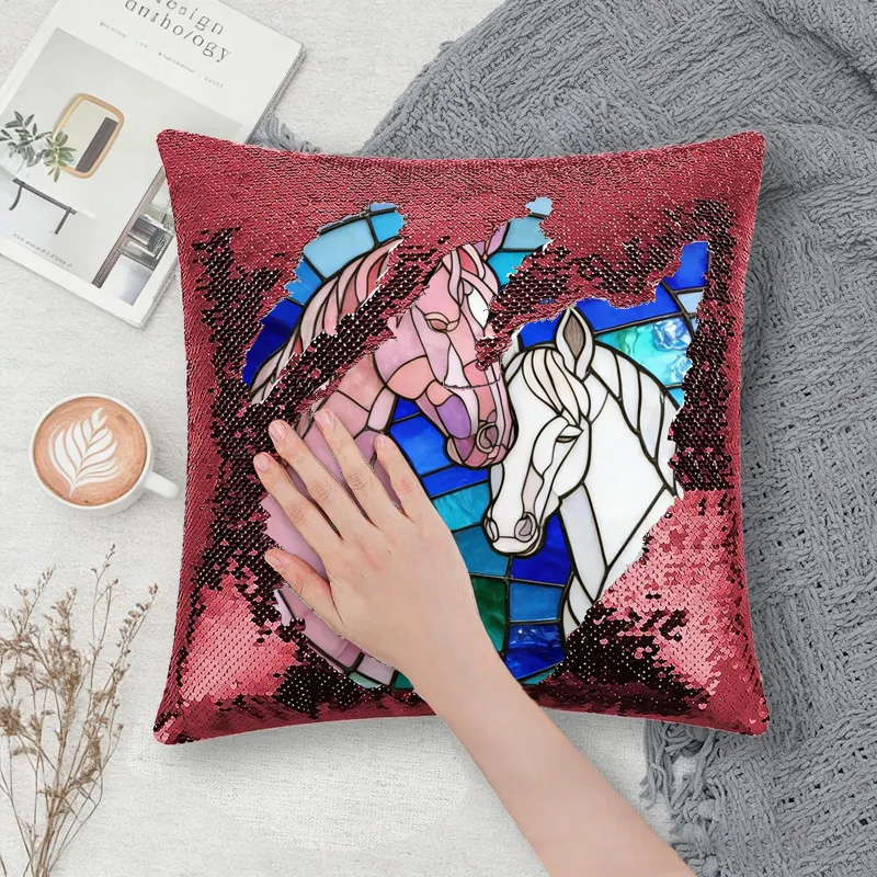 Personalized Sequin Cushion Throw Pillow Cover Stained Glass Horse Throw Pillow for Horse Owner Lover Riding Lovers Equestrian Lovers