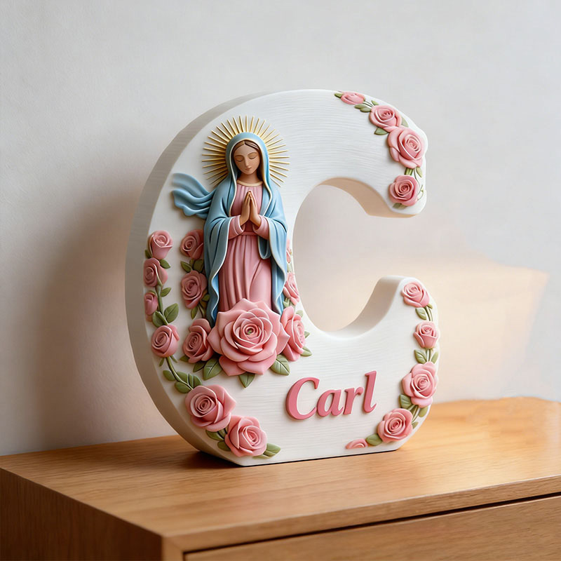 Personalized 3D Printed Virgin of Guadalupe Letter Ornaments with Custom Name Religious Home Decor Catholic Gift for Her Pink Rose Prayer Corner Gift