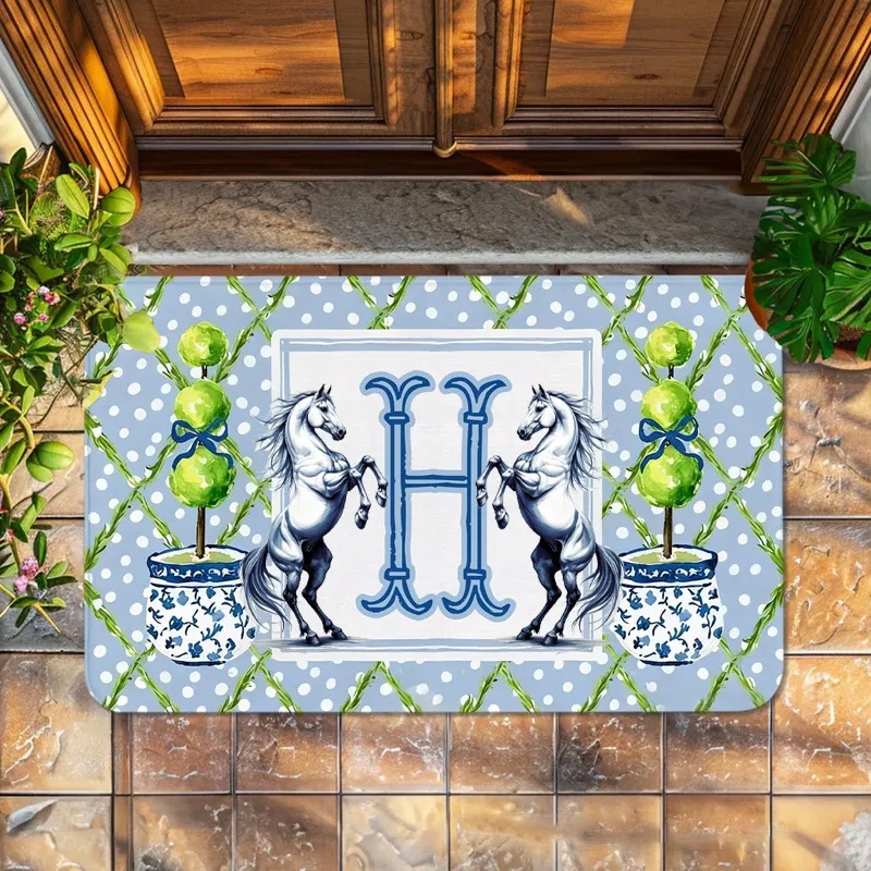 Personalized Rugs Riding Personalized Chinoiserie Initial Blue White Doormat Home Decor Housewarming Birthday Gift for Family Friends for Family for Riding Lovers Equestrian Lovers