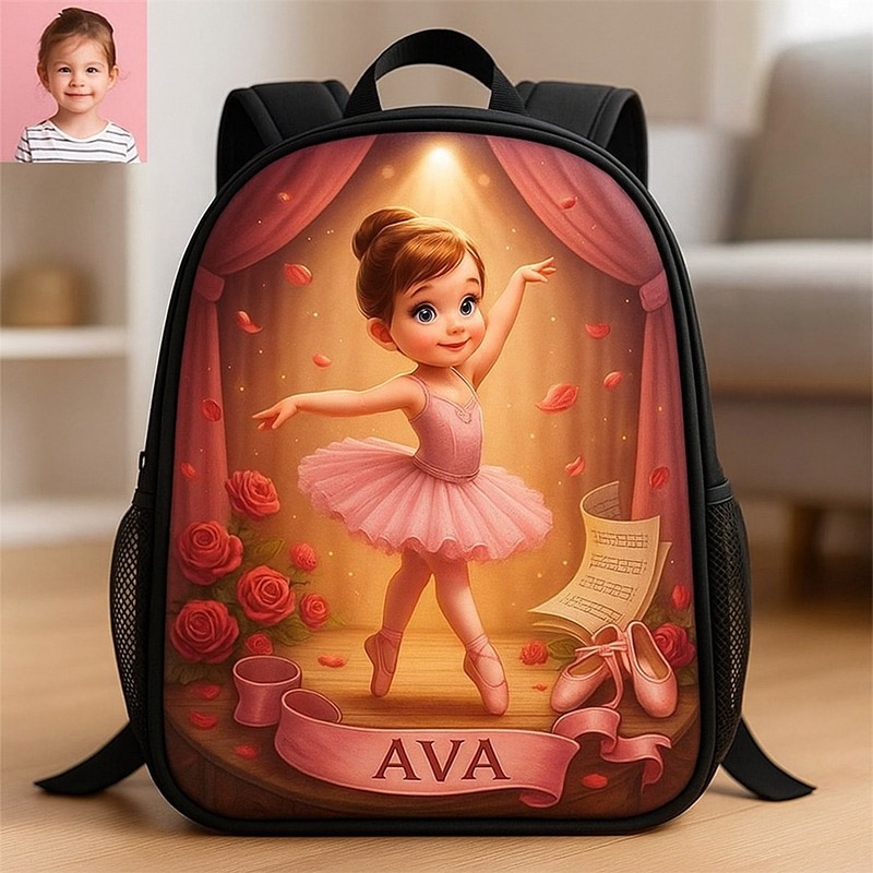 Personalized Ballet Girl Cartoon Backpack Custom Photo and Name for Kids and Ballet Lovers Birthday Black to School Christmas Gift