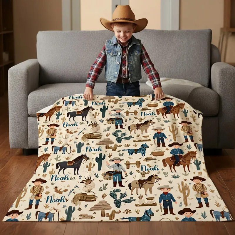 Personalized Western Cowboy Cow Horse Soft Throw Blanket with Name Home Decor Birthday Anniversary Gift for Cowboy Country Lover Riding Lovers Equestrian Lovers
