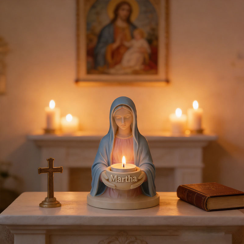 Personalized 3D Printable Virgin Mary Tealight Candle Holder with Custom Name Catholic Home Decor Prayer Space Lady Guadalupe Stand Spiritual Gift