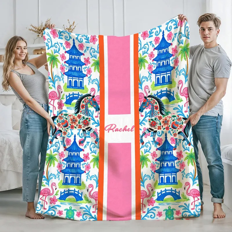 Personalized Floral Chinoiserie Soft Throw Blanket with Monogram Home Decor Birthday Gift for Women Riding Lovers Equestrian Lovers