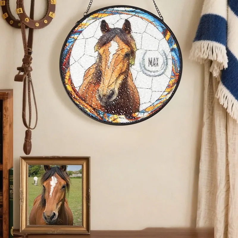 Personalized Stained Glass Horse Photo Suncatcher Ornament with Name Window Balcony Hanging Decor Birthday Gift for Horse Riding Lovers