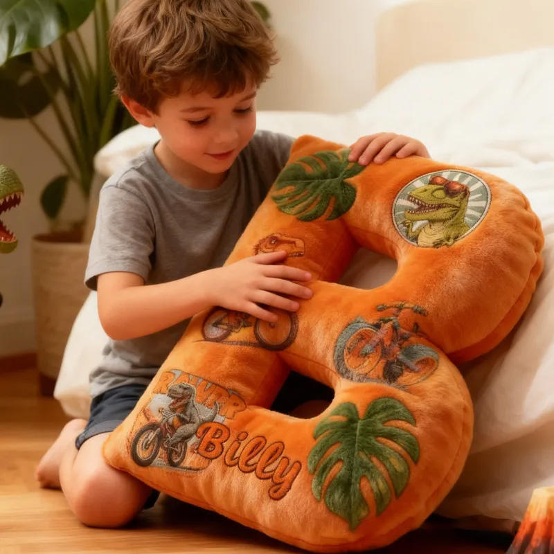 Personalized Dinosaur Dino Bike Letter Pillow Cozy Graphic 3D Print Bow Letter Pillow Name Pillow Comfortable Travel Cushion for Kids Riding Lovers