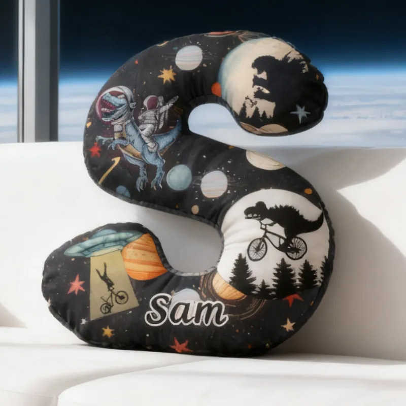 Personalized Dinosaur Space Bike Letter Pillow Graphic 3D Print Dino Galaxy Letter Pillow Name Pillow Comfortable Travel Cushion for Kids Riding Lovers