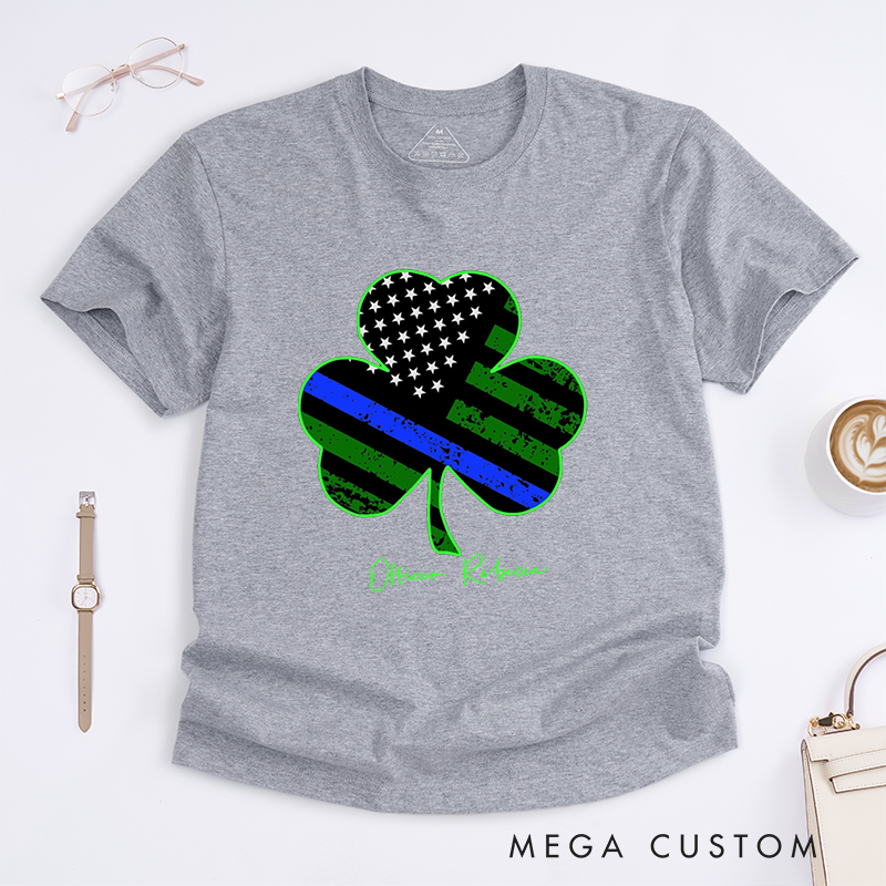 Personalized Thin Blue Line Shamrock Police Design Gift for Policewoman Police Officer T-Shirt