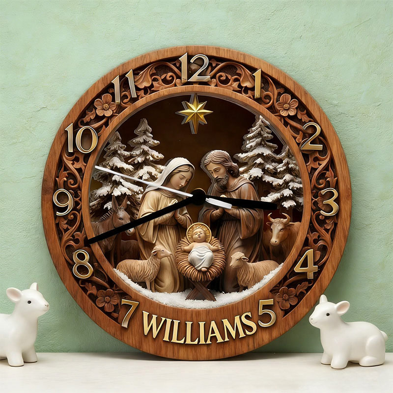 Personalized Nativity Scene Wall Clock with Custom Family Name Graphic 3D Printed Wall Clock Home Decor Christian Christmas Gift Faith Based Gift