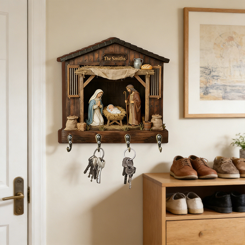 Personalized Nativity Scene Key Holder with Family Name Custom Shaped Graphic 3D Printed Key Hanger Religious Gift for Christian Family