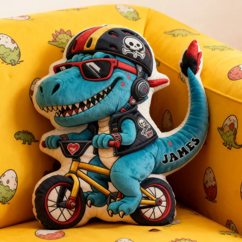 Personalized Dino Rider Bike Pillow Cozy Graphic 3D Print Cool Skull Racing Biker Dino Pillow Name Pillow Comfortable Travel Cushion for Kids Boys Riding Lovers