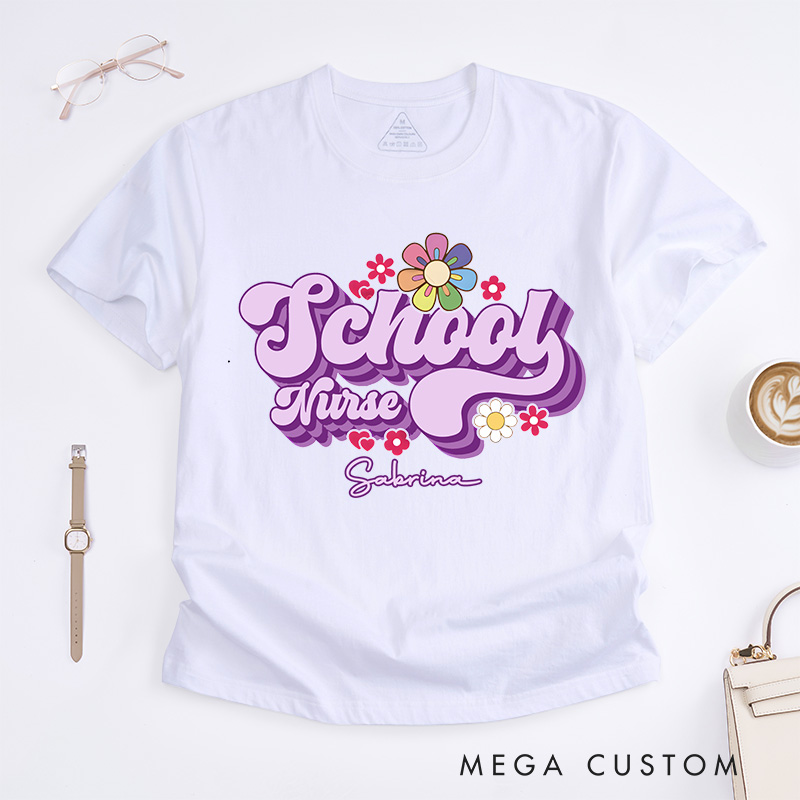 Personalized Nurse T-Shirts School Nurse Blossoms of Care Fashion Design T-Shirts