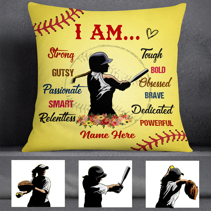 Personalized Softball Pillow with Inspiring Words and Custom Name