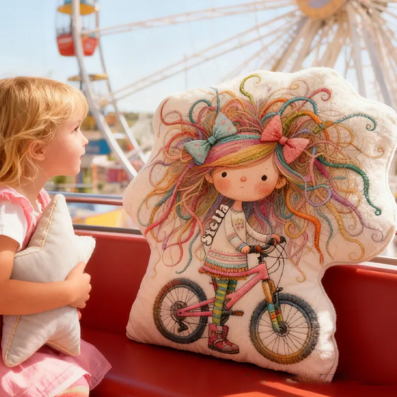 Personalized Quirky Girl Bike Pillow Rainbow Hair Cozy Graphic 3D Print Dreaming Princess Pillow Whimsical Girl Name Pillow Comfortable Travel Cushion for Kids Girls Riding Lovers