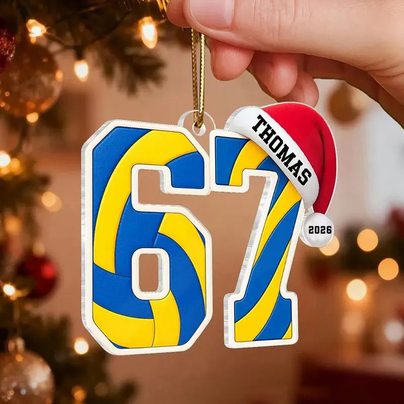 Personalized Name 67 Sport Acrylic Christmas Ornament, Soccer Baseball Volleyball Basketball Ornament, Six Seven Ornament Gen Alpha Humor 67 Meme Ornament